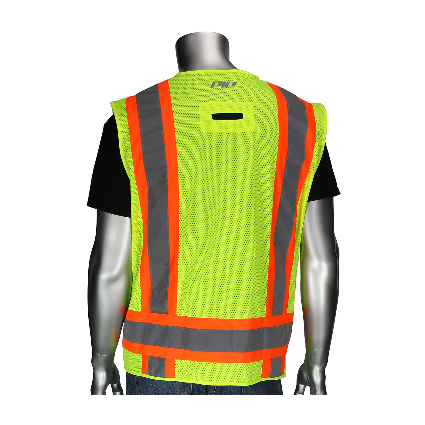 302-0500D PIP® ANSI Type R Class 2 Two-Tone Eleven Pocket Surveyors Vest with Solid Front, Mesh Back and `D` Ring Access 